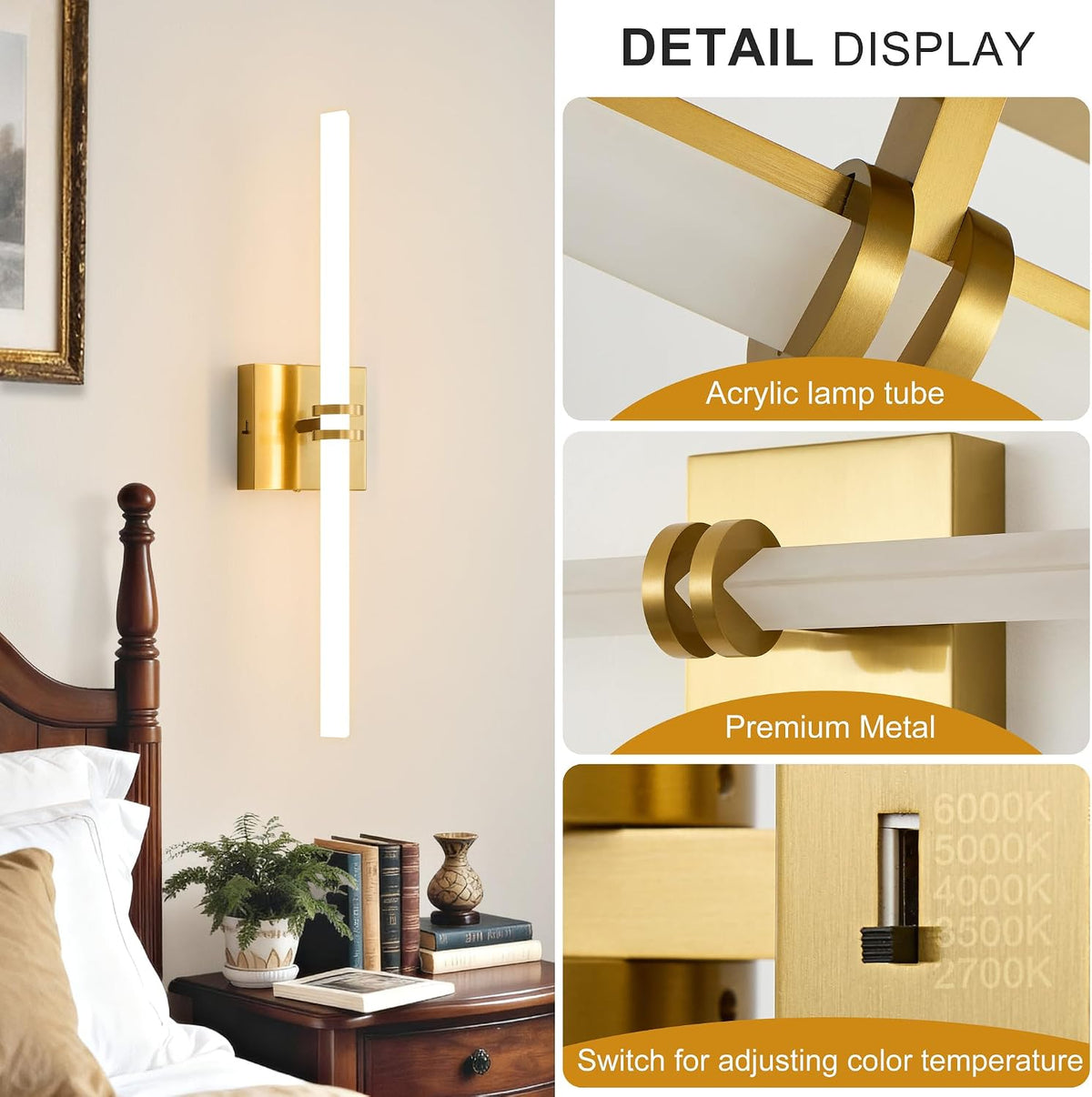 Gold Bathroom Light Fixture LED Vanity Light 22" 5CCT Wall Sconce