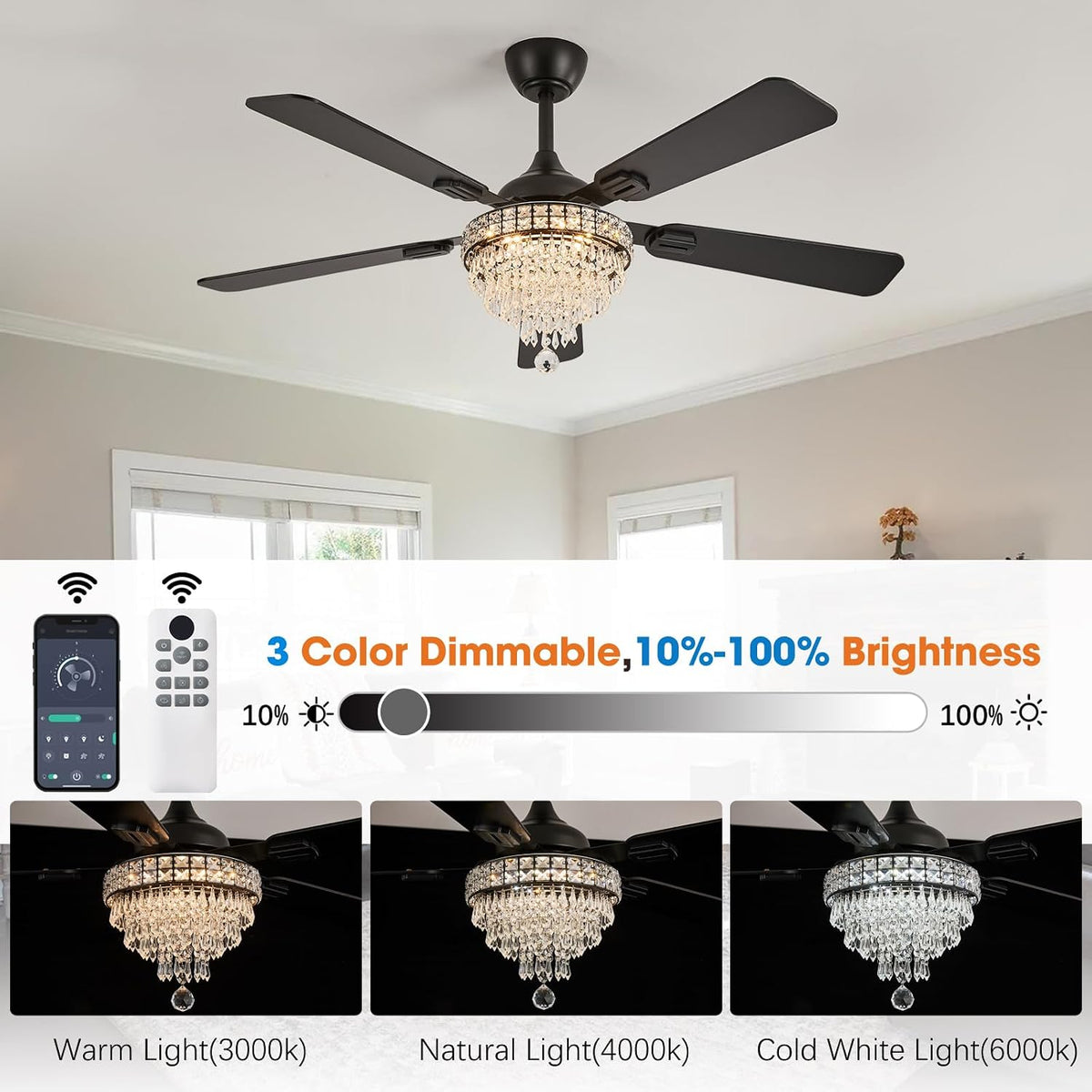 52" Crystal Chandelier Ceiling Fan with Lights - (Glam, Black)