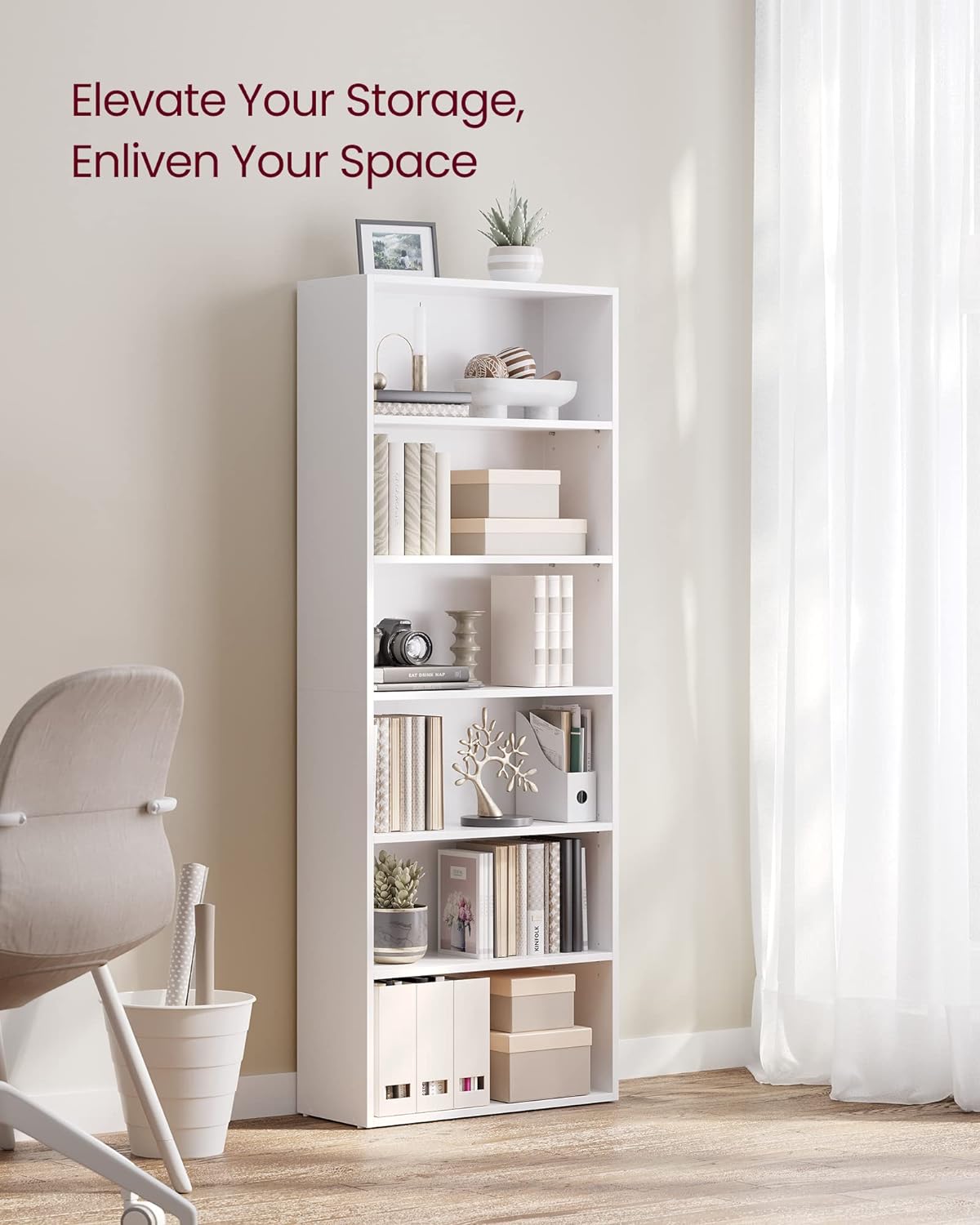 VASAGLE Bookshelf, 23.6 Inches Wide, 6-Tier Open Bookcase with Adjustable Sto...