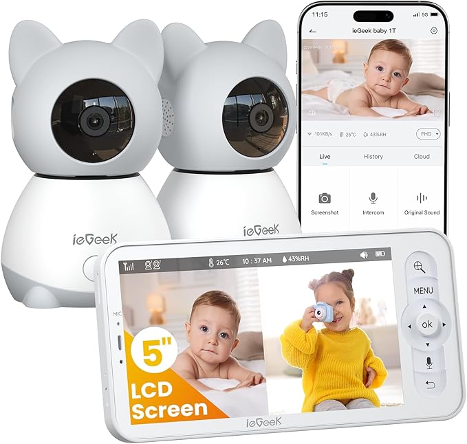 ieGeek Baby Monitor with 2 Cameras, 2-Way Audio, Cry Detection, Temperature