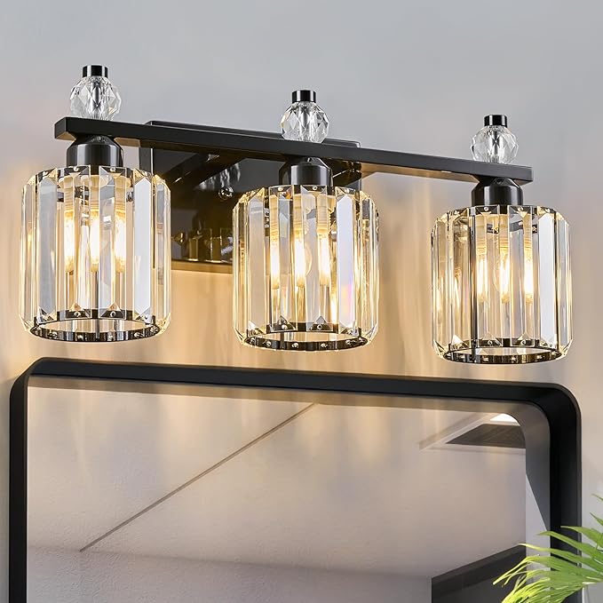 FDPBY Bathroom Vanity Lights 3-Light Plating Black Modern Crystal Vanity Light