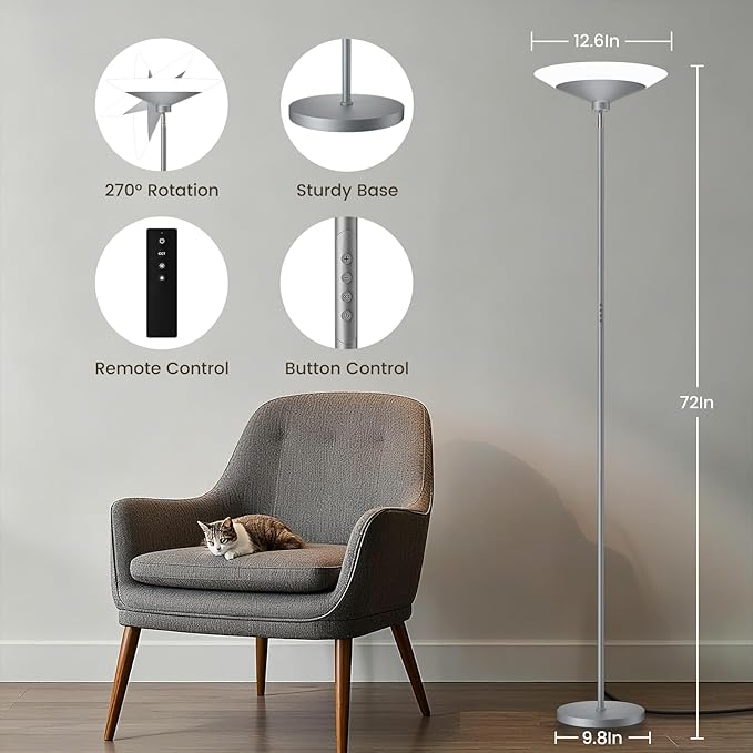 SIBRILLE Silver Torchiere Floor Lamp - 30W Dimmable LED Standing Lamp