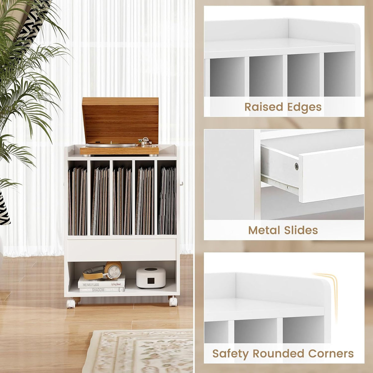 Rolling Record Player Stand with 4 Wheel, 5 Compartments, White