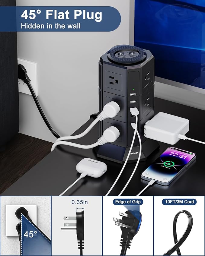 Surge Protector Power Strip Tower, 10FT Ultra Flat Extension Cord