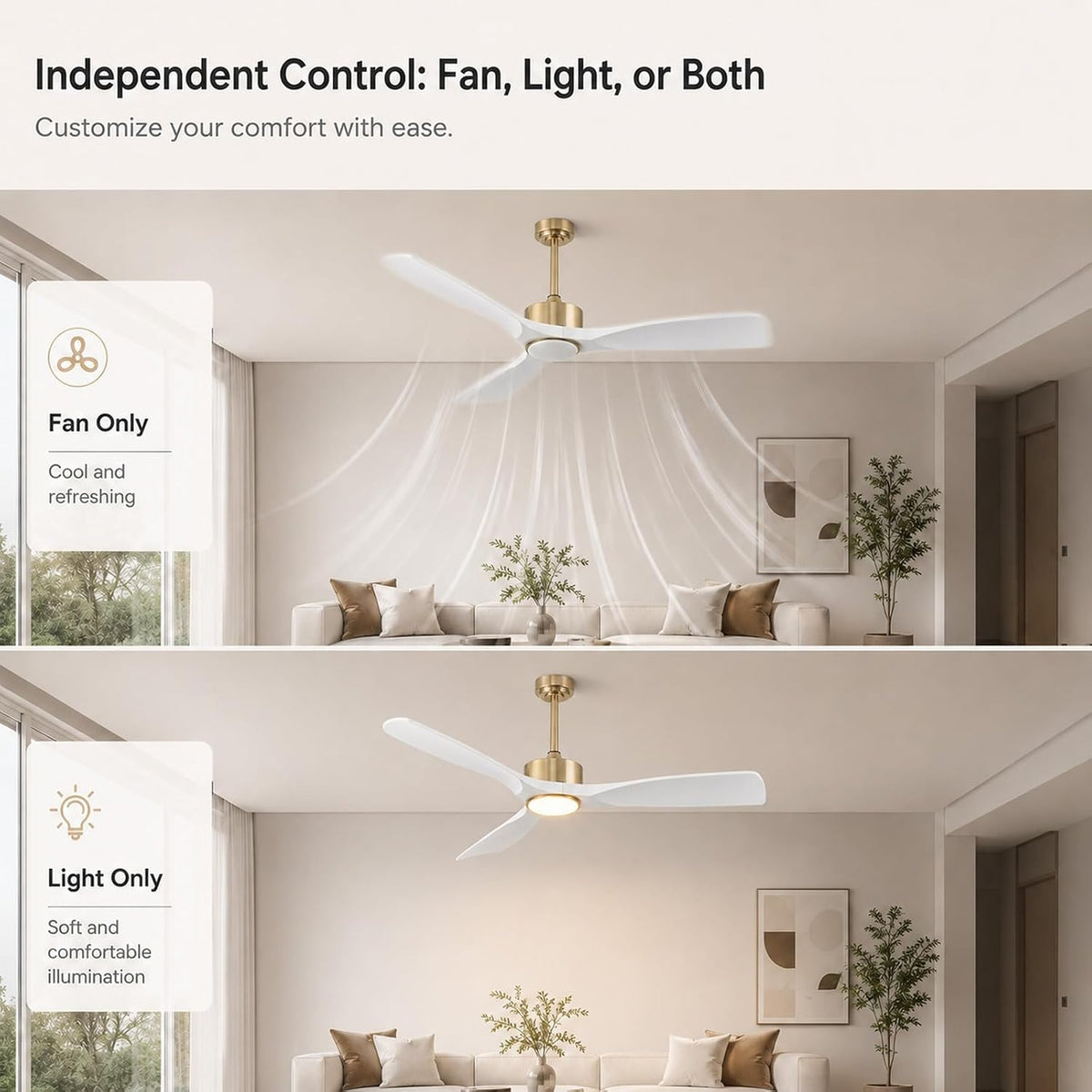 52 Inch Modern White and Gold Ceiling Fans with Lights and Remote