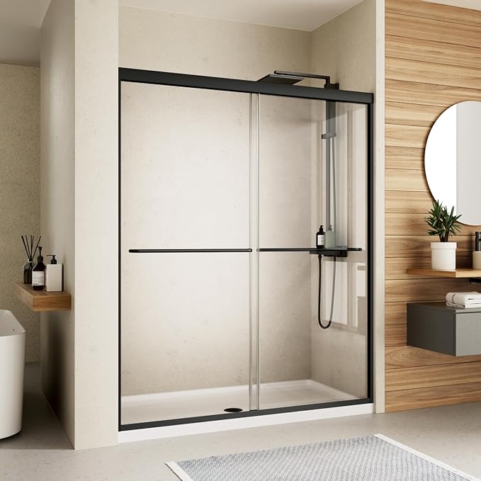 Shower Door, 50-54" W x 70" H Semi-Frameless Double Sliding Glass S...