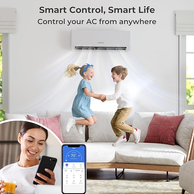 COSTWAY 18k Dual 2 Zone Mini Split Air Conditioner, 22 SEER2 9000 BTU+ 12000 BTU