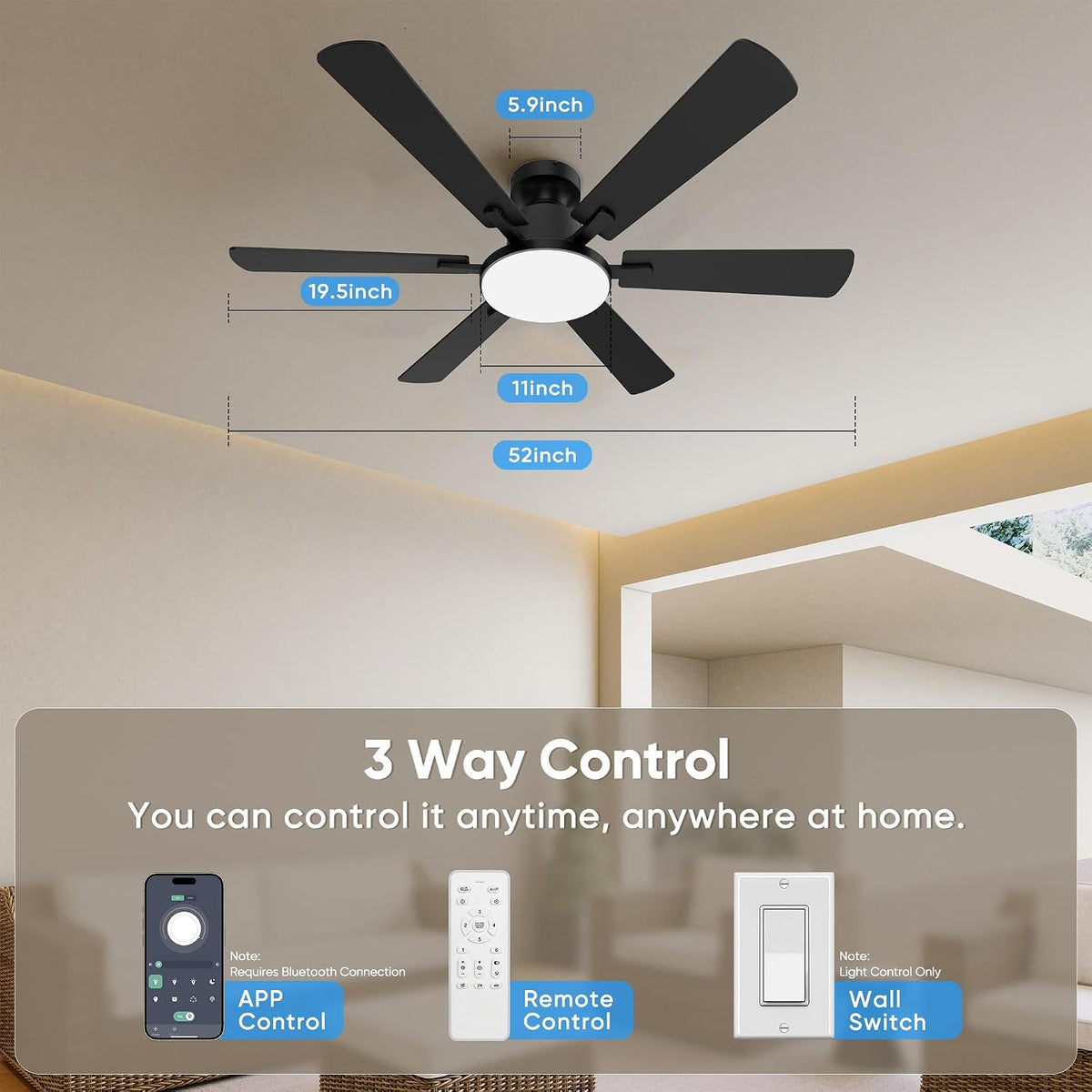52'' Ceiling Fan with Light Remote/APP Control for Living Room