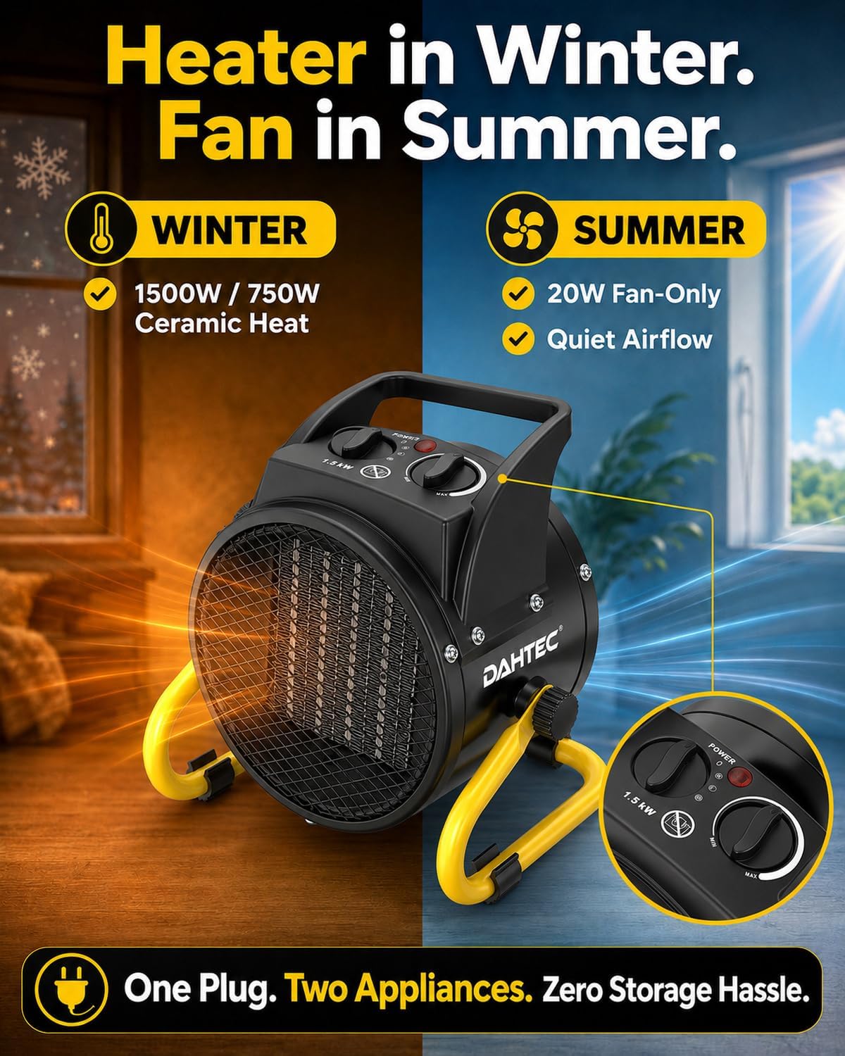1500W Electric Space Heater for Indoor Use, Portable Ceramic Heater