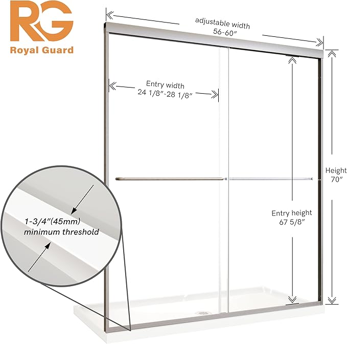 Shower Door, 56-60" W x 70" H Semi-Frameless Double Sliding Glass S...