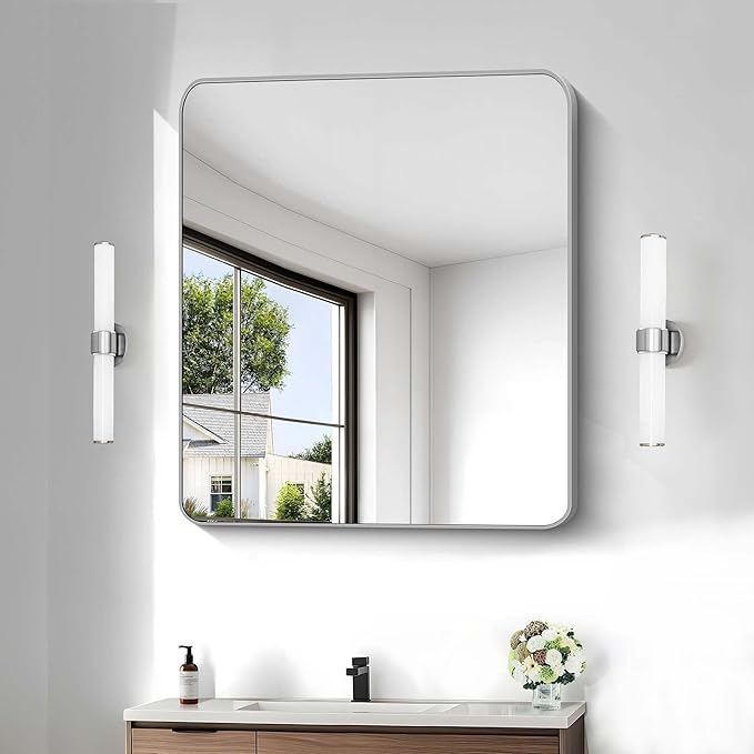 Silver Bathroom Mirror, 30 x 36 Inch Metal Framed Silver Rectangle Mirror