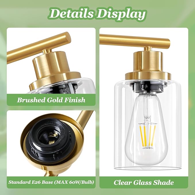 Guliaofo 3-Light Brushed Gold Vanity Lights, E26 Modern Bathroom Light Fixtures
