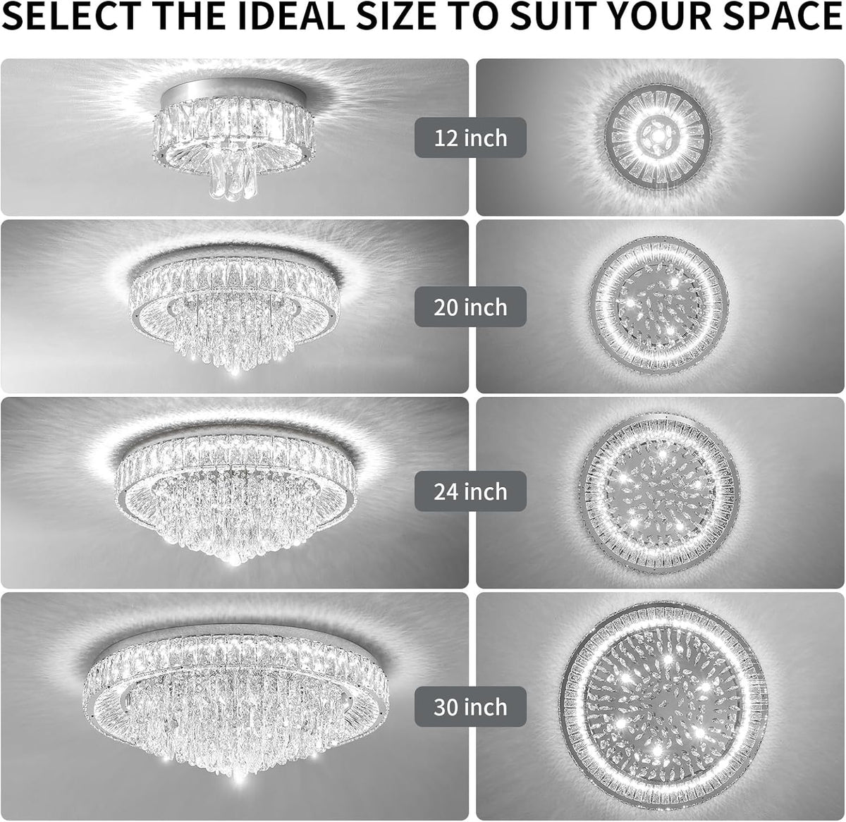 30" Ceiling Silver Crystal Chandeliers: Dimmable 3CCT LED Light with Remote