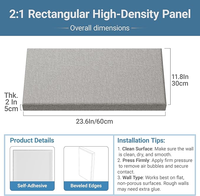 4 Pack High-Density Core with Fabric Cover Acoustic Panels – 24×12×2 In
