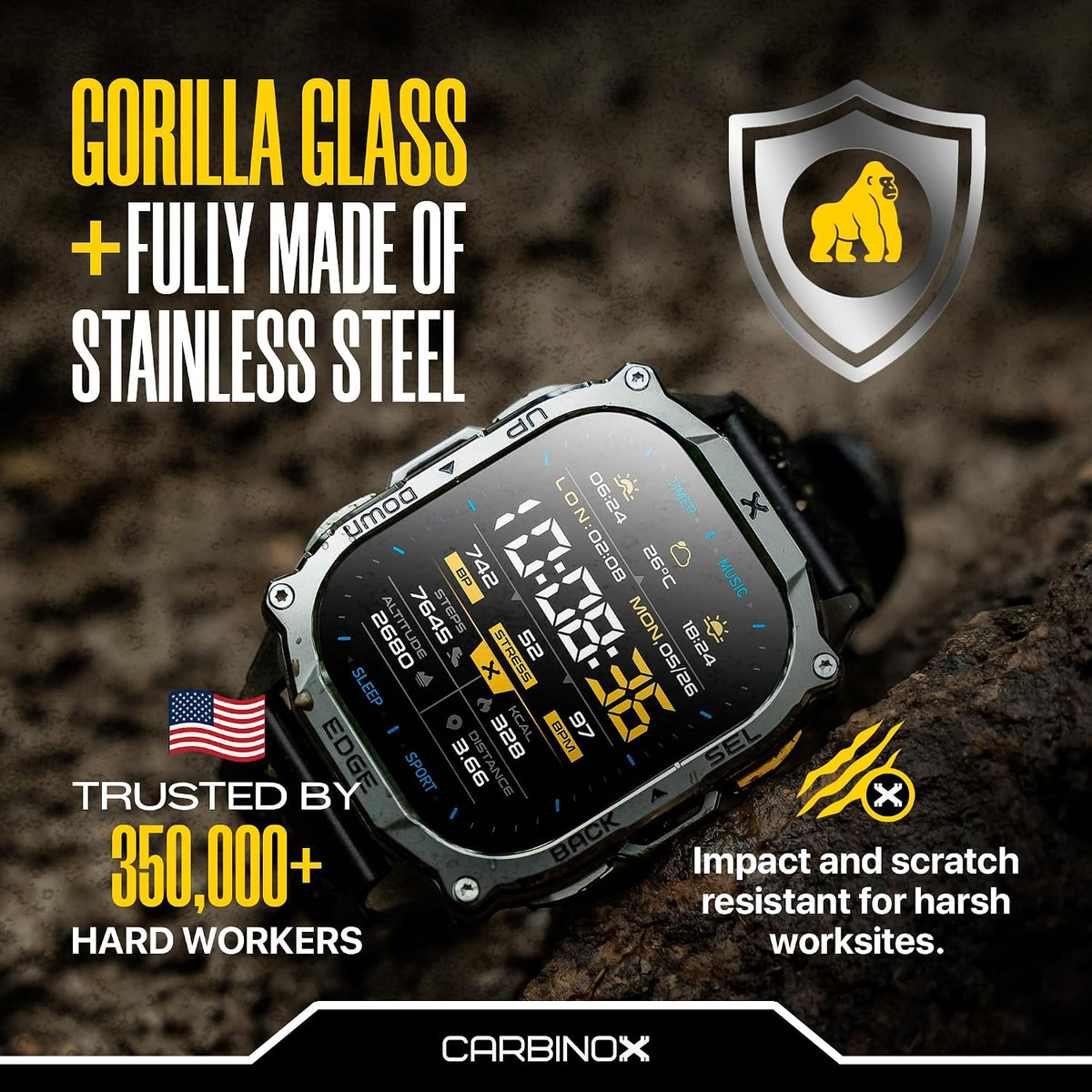 CARBINOX Edge Military Smart Watch for Men, Fitness Tracker, GPS, Black