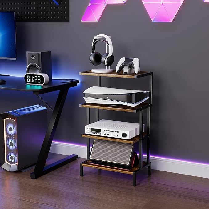 Aquzee Game Console Stands, 4-Tier AV Media Shelf, Stereo Stand, Wood Gaming
