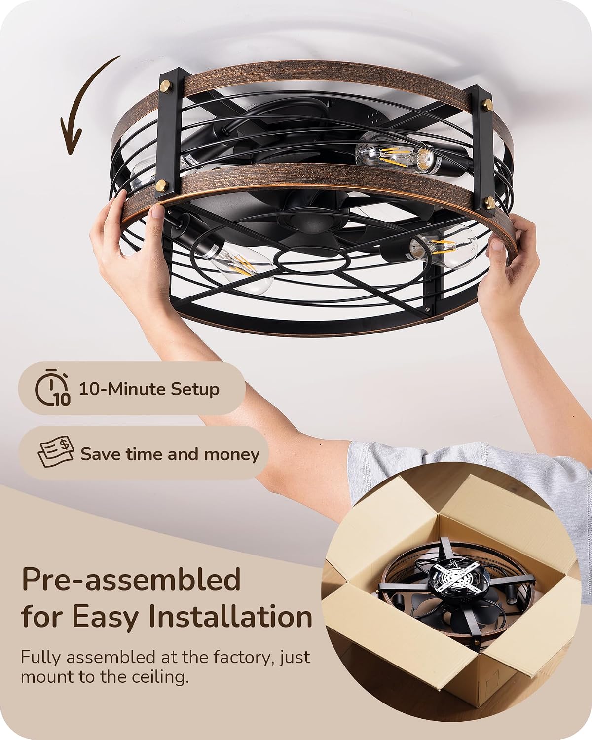 EDISHINE 21" Pre-Assembled Ceiling Fans with Lights Flush Moun,Low Profile