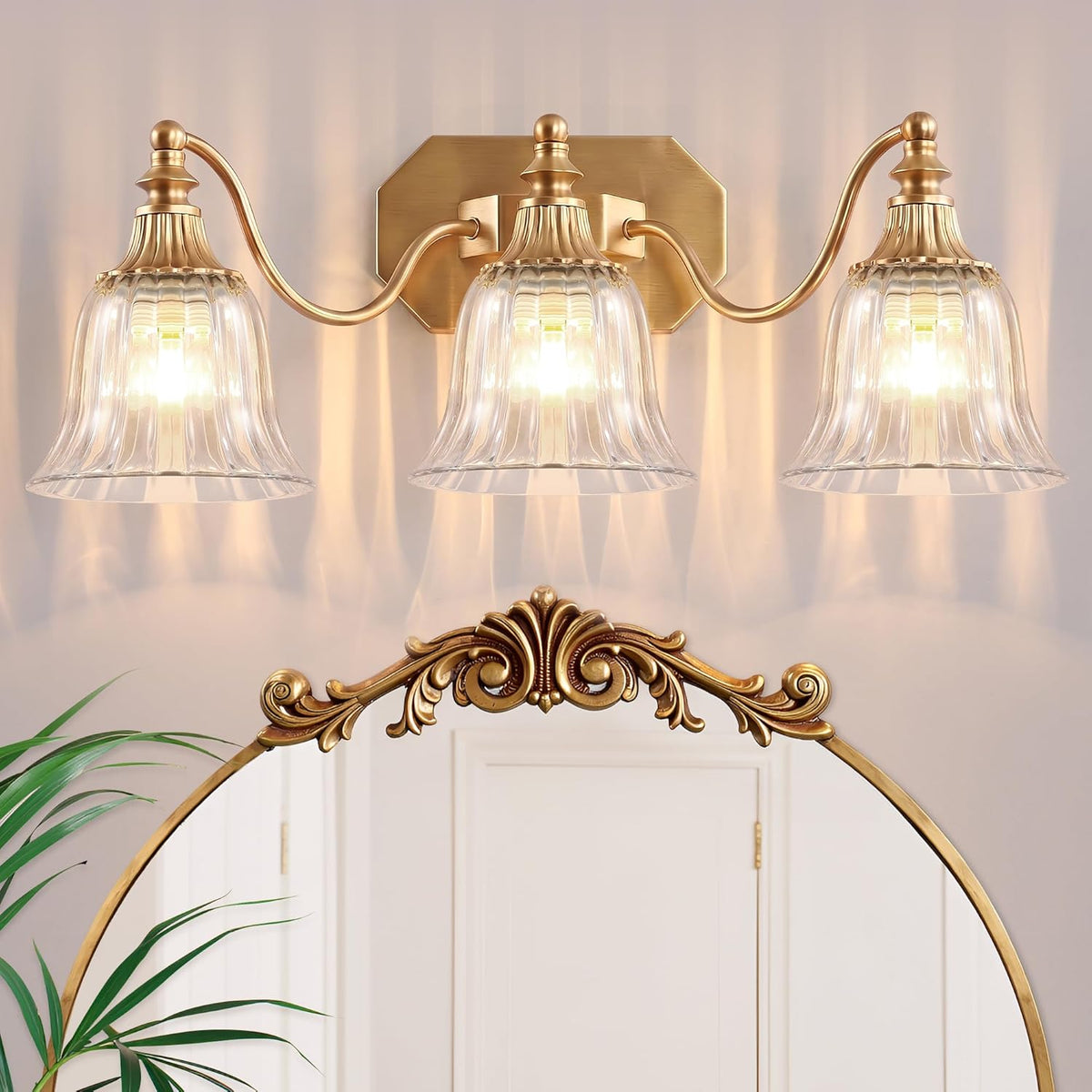 Brushed Gold 3-Light Bathroom Light Fixtures, Vintage Vanity Lights