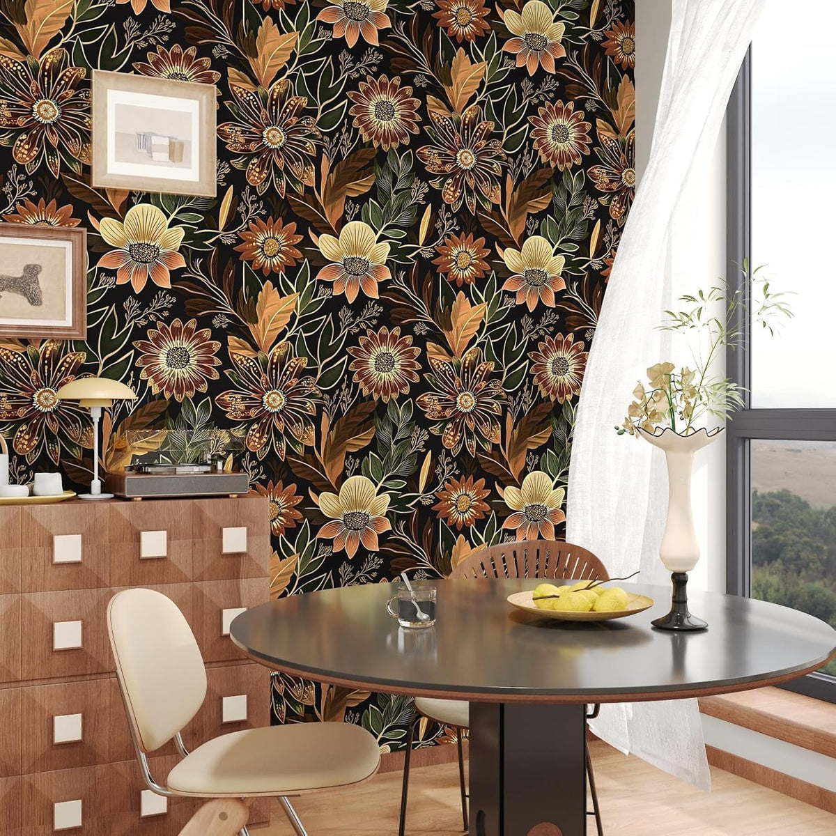 Boho Dark Black Gold Floral Wallpaper Peel and Stick 17.5"x393" | S...