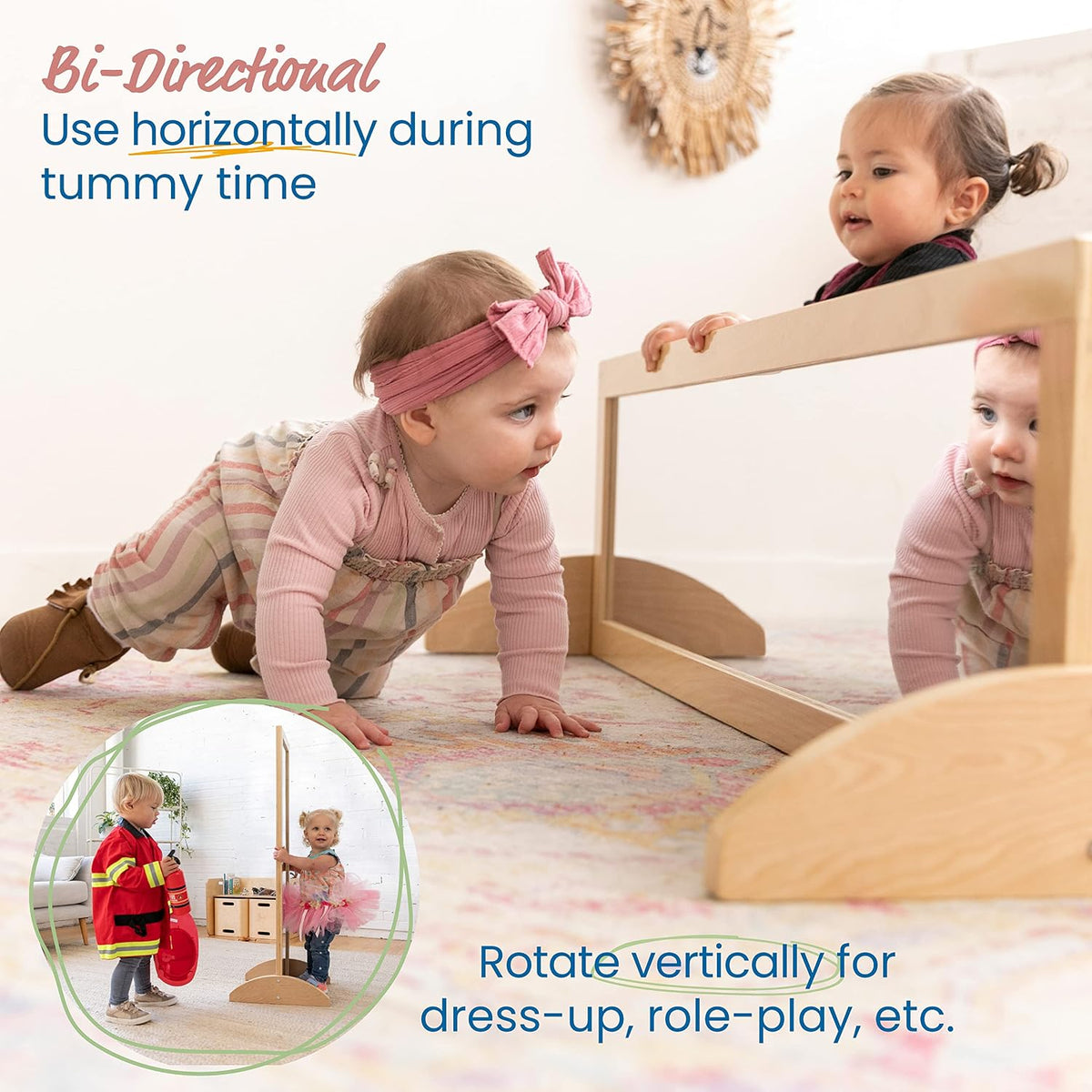 ECR4Kids Double-Sided Wooden Bi-Directional Mirror, Montessori, Natural | Dur...