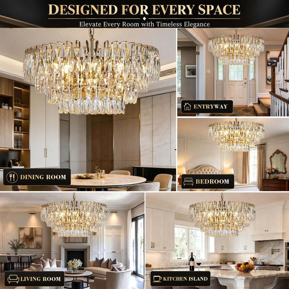 Gold Round Crystal Chandelier, 20 Inch 8-Light Raindrop Pendant Light