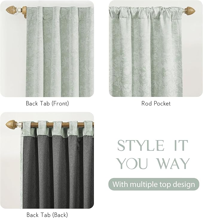 Beauoop Green Floral Jacquard Blackout Curtains 90 Inches Long 2 Panels