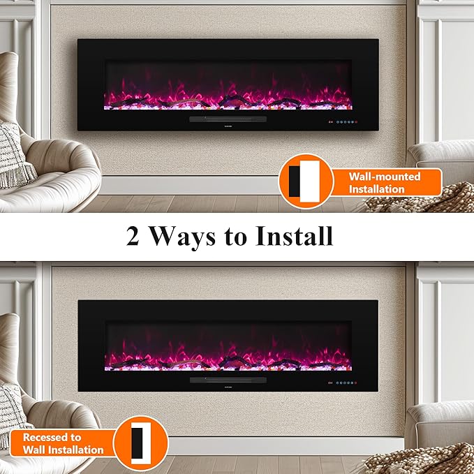 72" Electric Fireplace, Recessed & Wall Mounted Fireplace Heater 13 ...