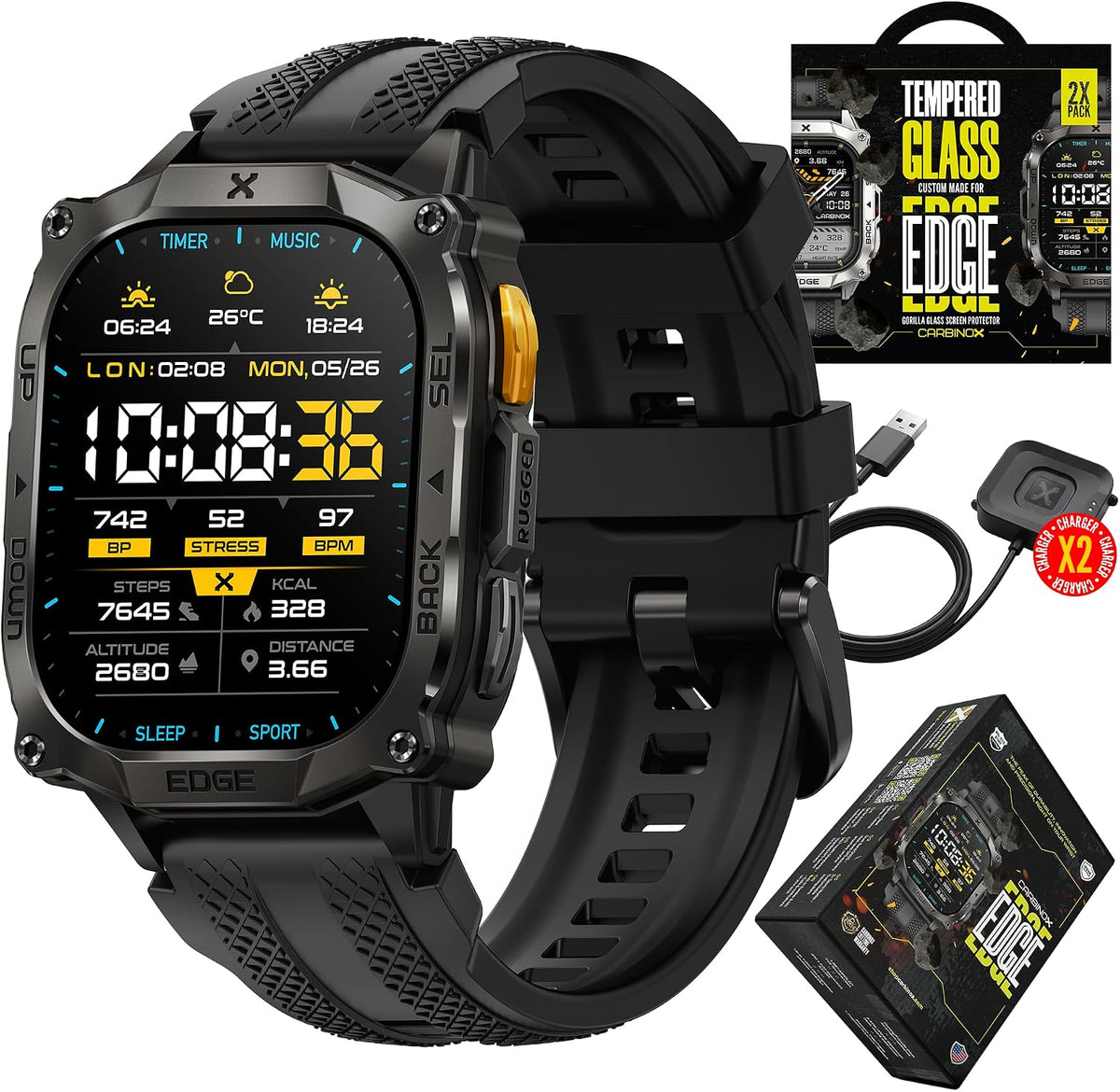 CARBINOX Edge Military Smart Watch for Men, Fitness Tracker, GPS, Black