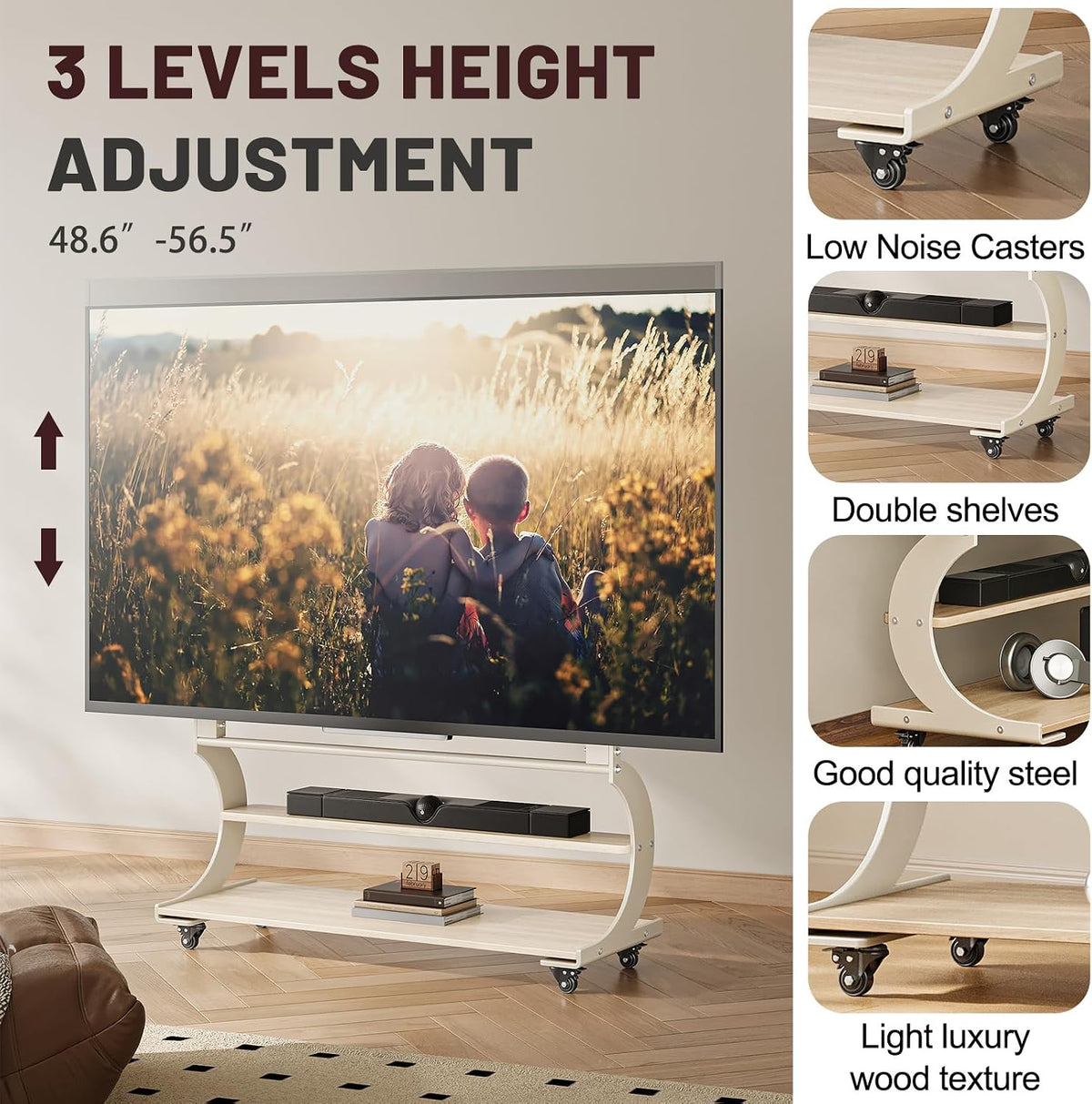 Easel Rolling TV Stand on Wheels for 50-100 Inch TVs with 2-Tier Shelves