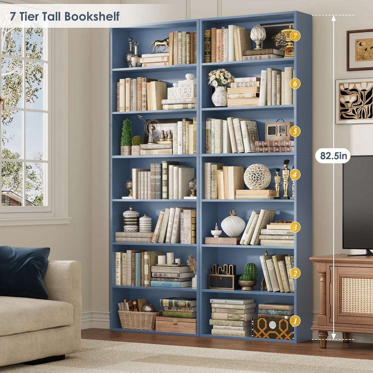 FACBOTALL 82" Tall Bookshelf Bookcase, 7-Tier Open Display Shelves, Blue