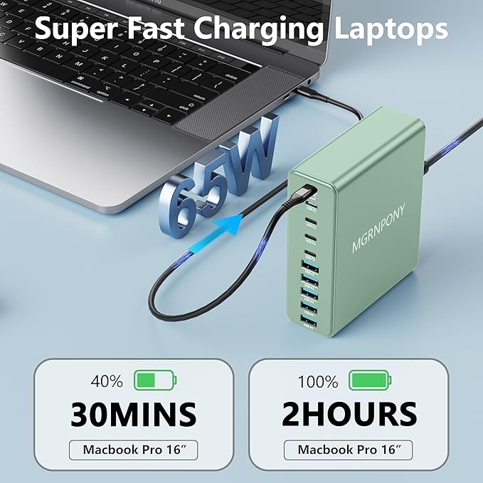 320W USB C Charger Block, 10-Port USB C Charging Station GaN III PD 65W PC