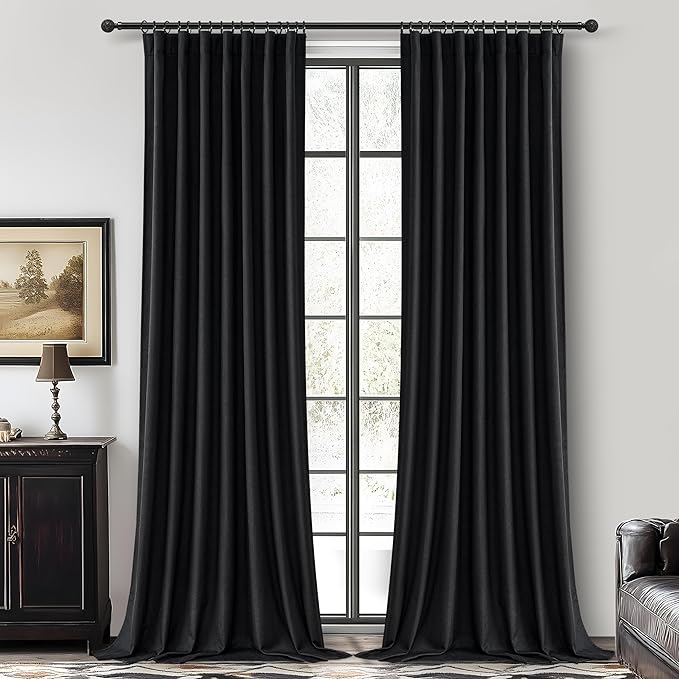 Room Darkening Black Curtains 108 Inches Long 2 Panels, 9ft Neutral Curtains