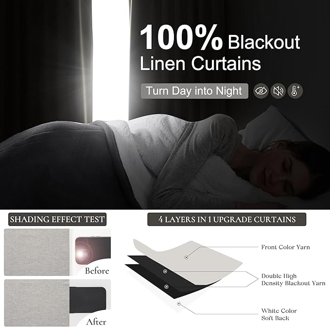 Pleat Linen Blend Room Darkening Curtains 84 Inch Length 2 Panels Set