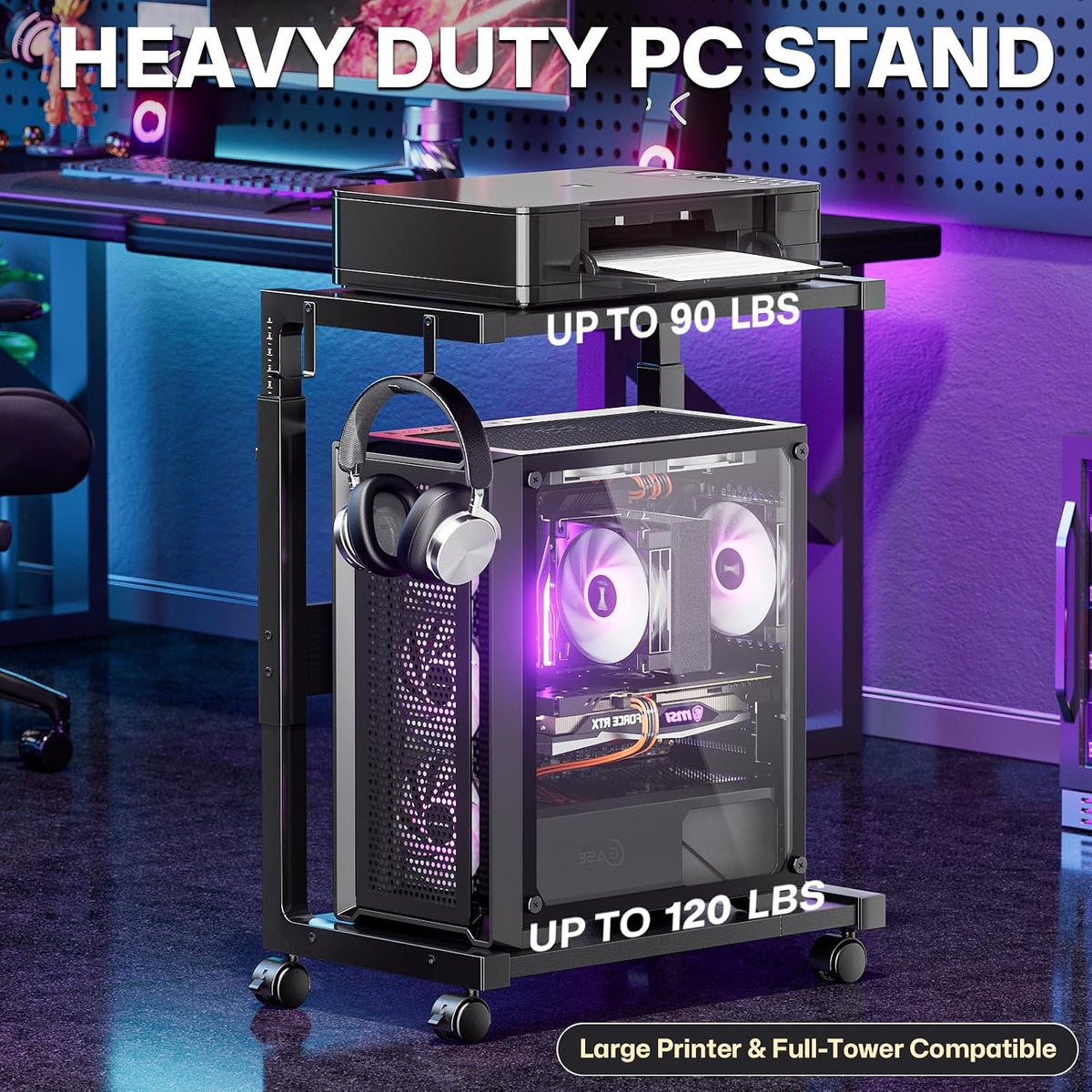 Computer Tower Stand with Power Outlet - 10-Level Height Adjustable