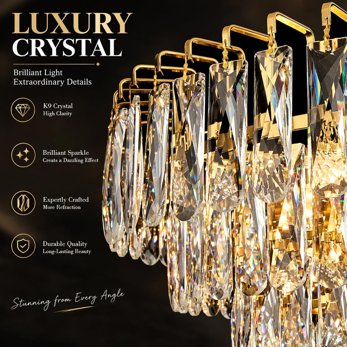 Gold Round Crystal Chandelier, 20 Inch 8-Light Raindrop Pendant Light