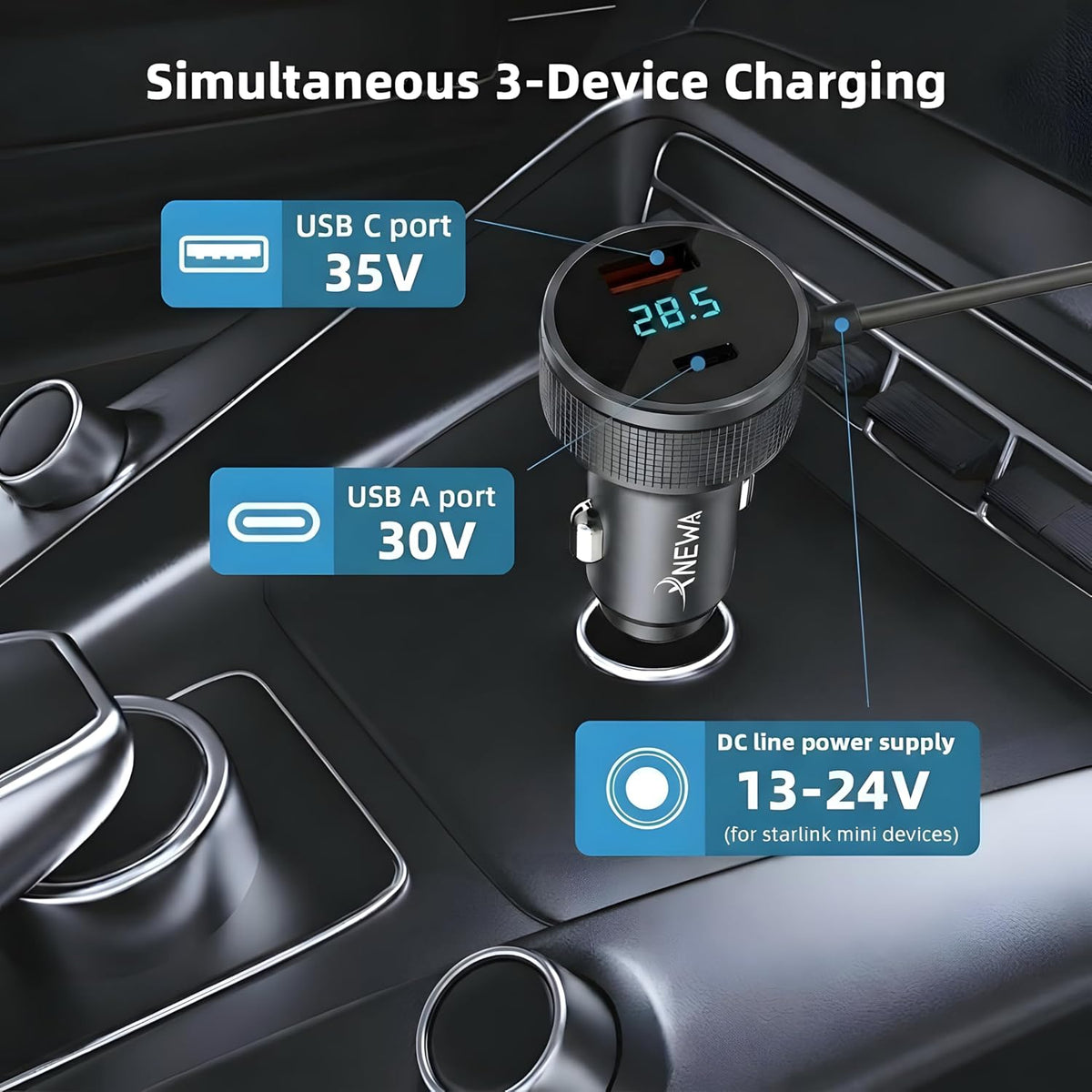 Starlink Mini Car Adapter, 3M/10FT, 3in1 Starlink Mini Power Cable