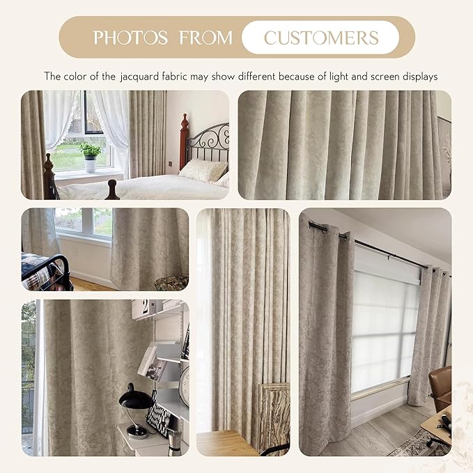 Beauoop Beige Floral Jacquard Blackout Curtains 96 Inches Long 2 Panels