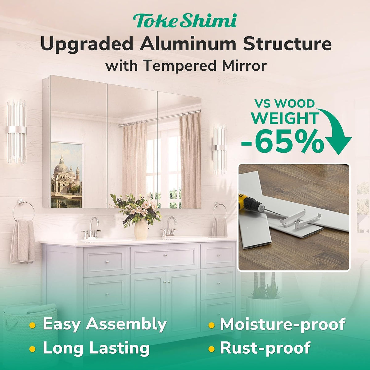 TokeShimi 30 x 26 Silver Aluminum Medicine Cabinet Mirror for Bathroom Surfac...