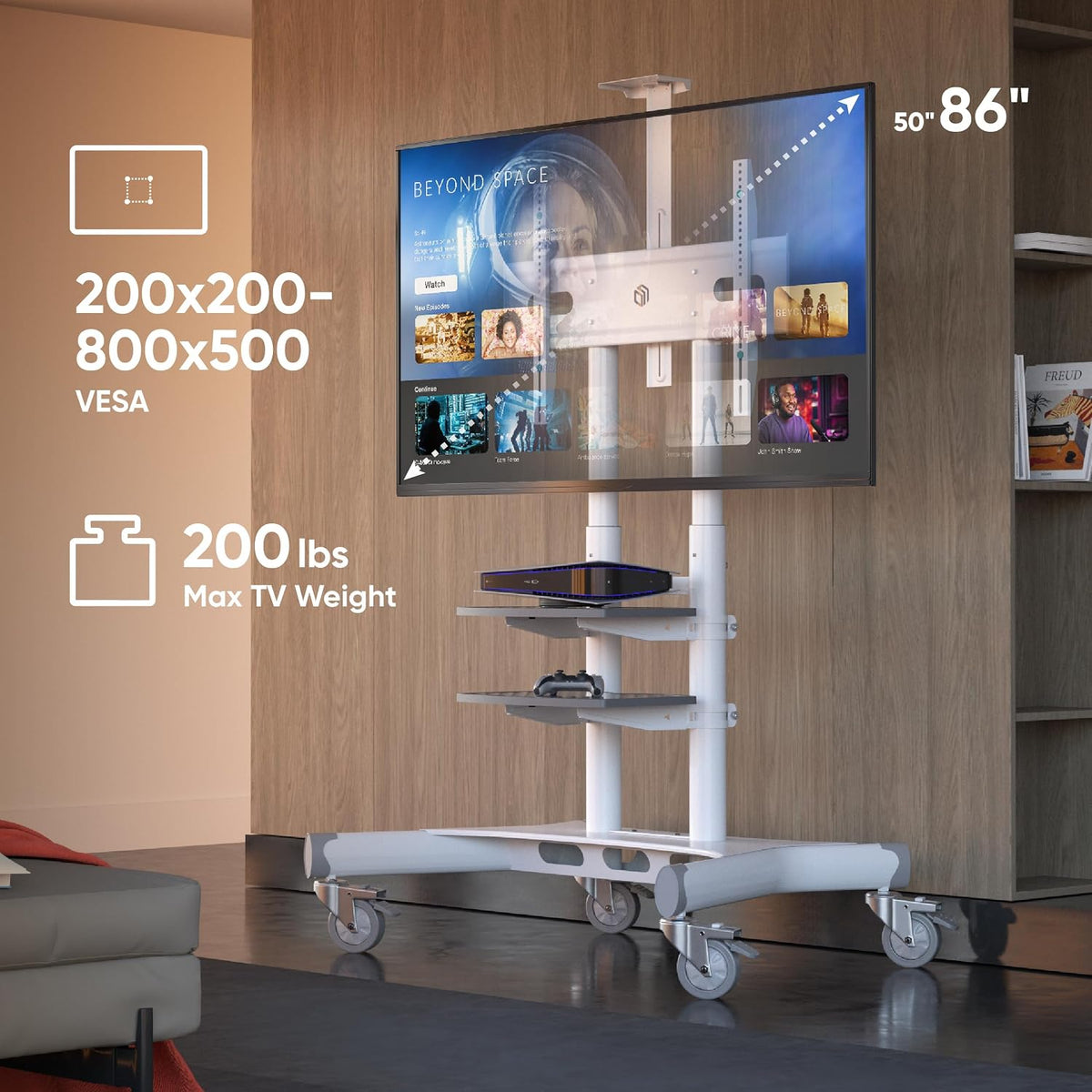 ONKRON Mobile TV Stand 50-86 Inch, up to 200 lbs, max VESA 800x500, White