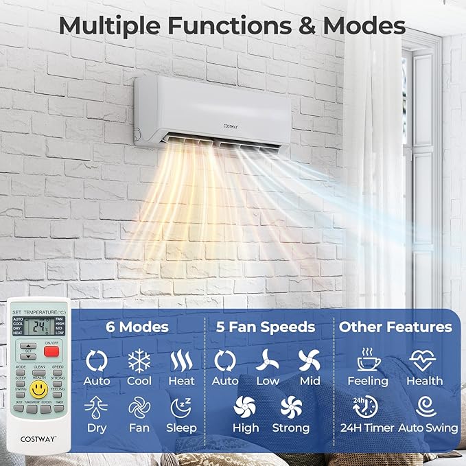 COSTWAY 18k Dual 2 Zone Mini Split Air Conditioner, 22 SEER2 9000 BTU+ 12000 BTU