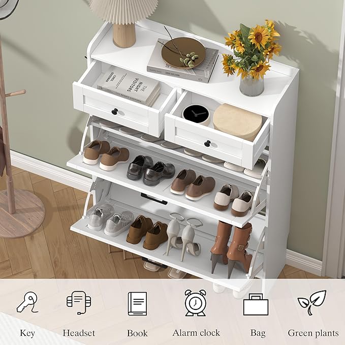 Shoe Cabinet with 2 Flip Drawers & 2 Storage Drawers, Rustic Farmhouse Na...