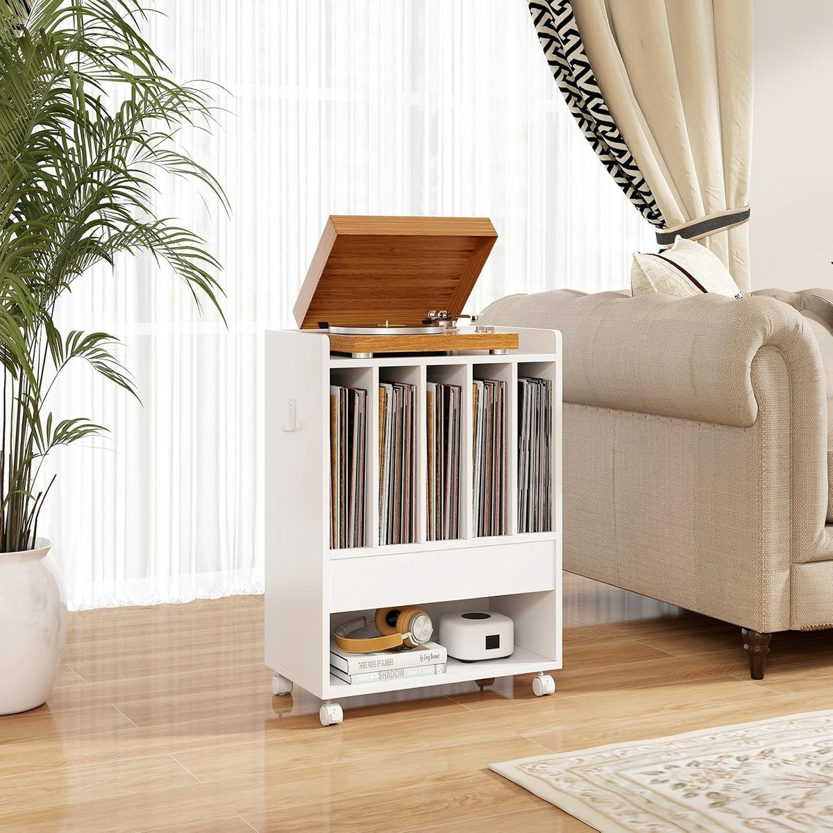 Rolling Record Player Stand with 4 Wheel, 5 Compartments, White