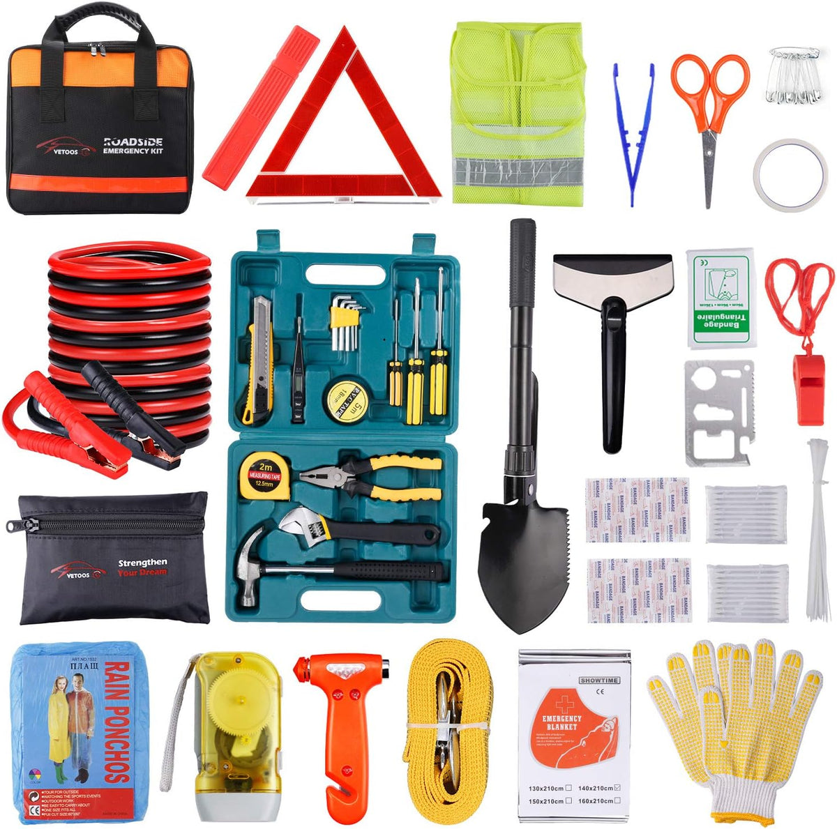 Car Roadside Emergency Kit, Auto Vehicle Safety Kits, with Jumper Cables