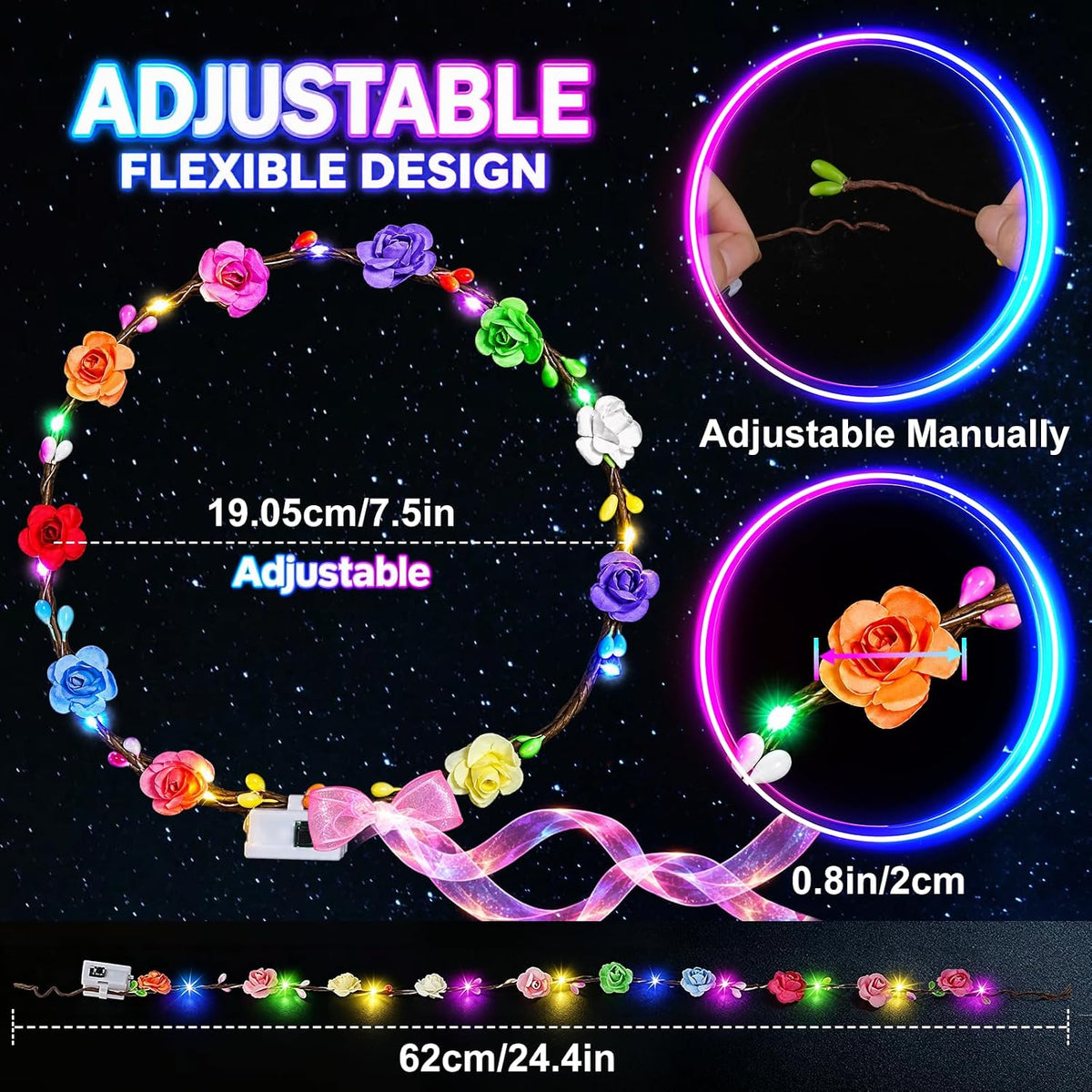 68 PCS LED Flower Crown Headbands with Ribbons, Light Up Flower Headband