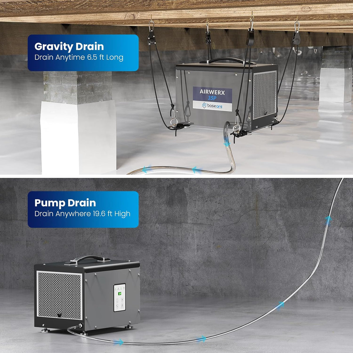 BaseAire Crawlspace 70 PPD Dehumidifier with Pump for 1000 Sq Ft
