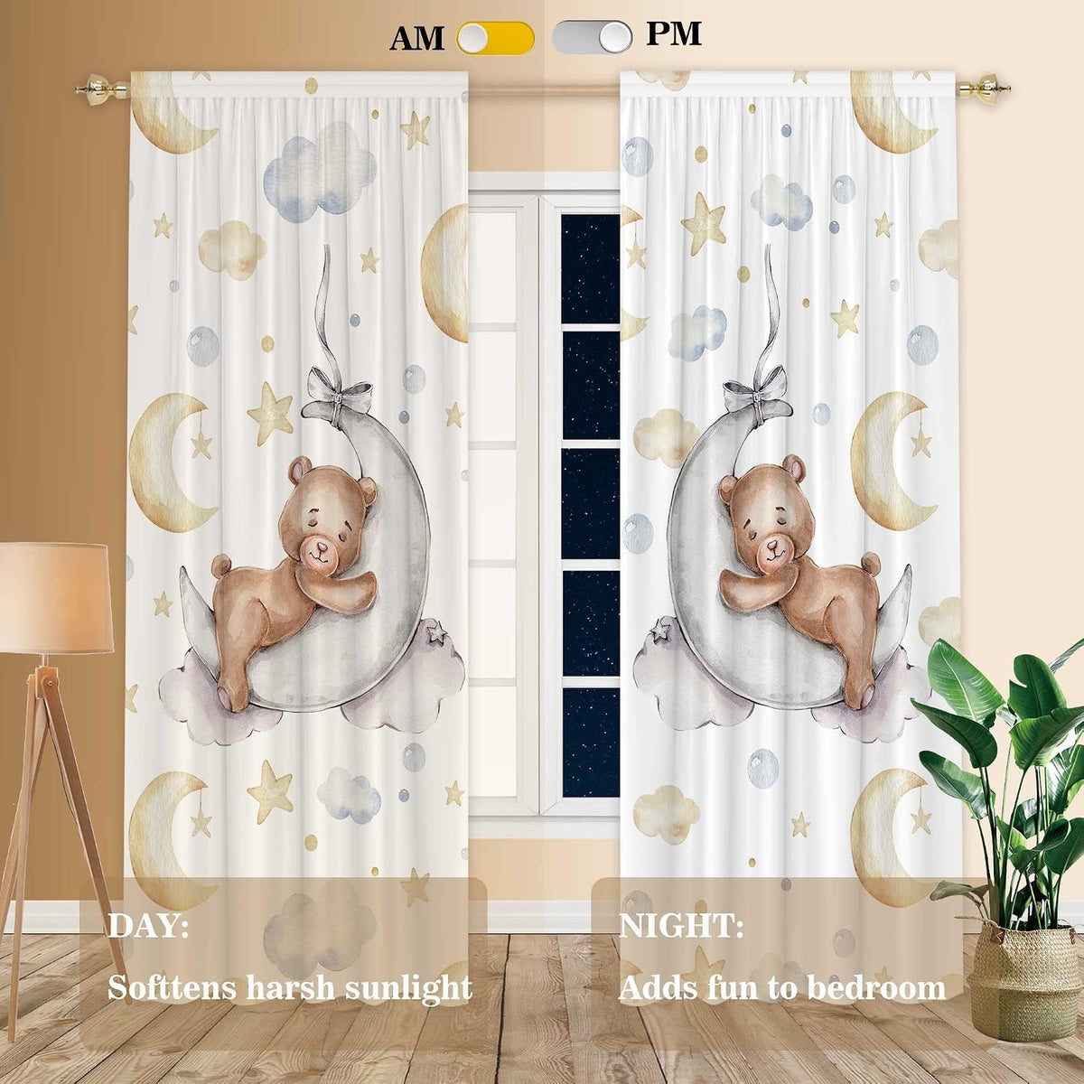 82" Wx 84" L Cartoon Lovely Bear Moon and Stars Window Curtains for...