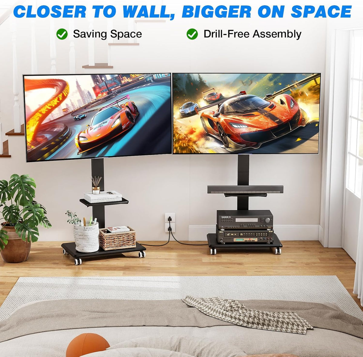 Rfiver Rolling TV Stand 32-75 Inch with Power Outlet and Shelf, Black