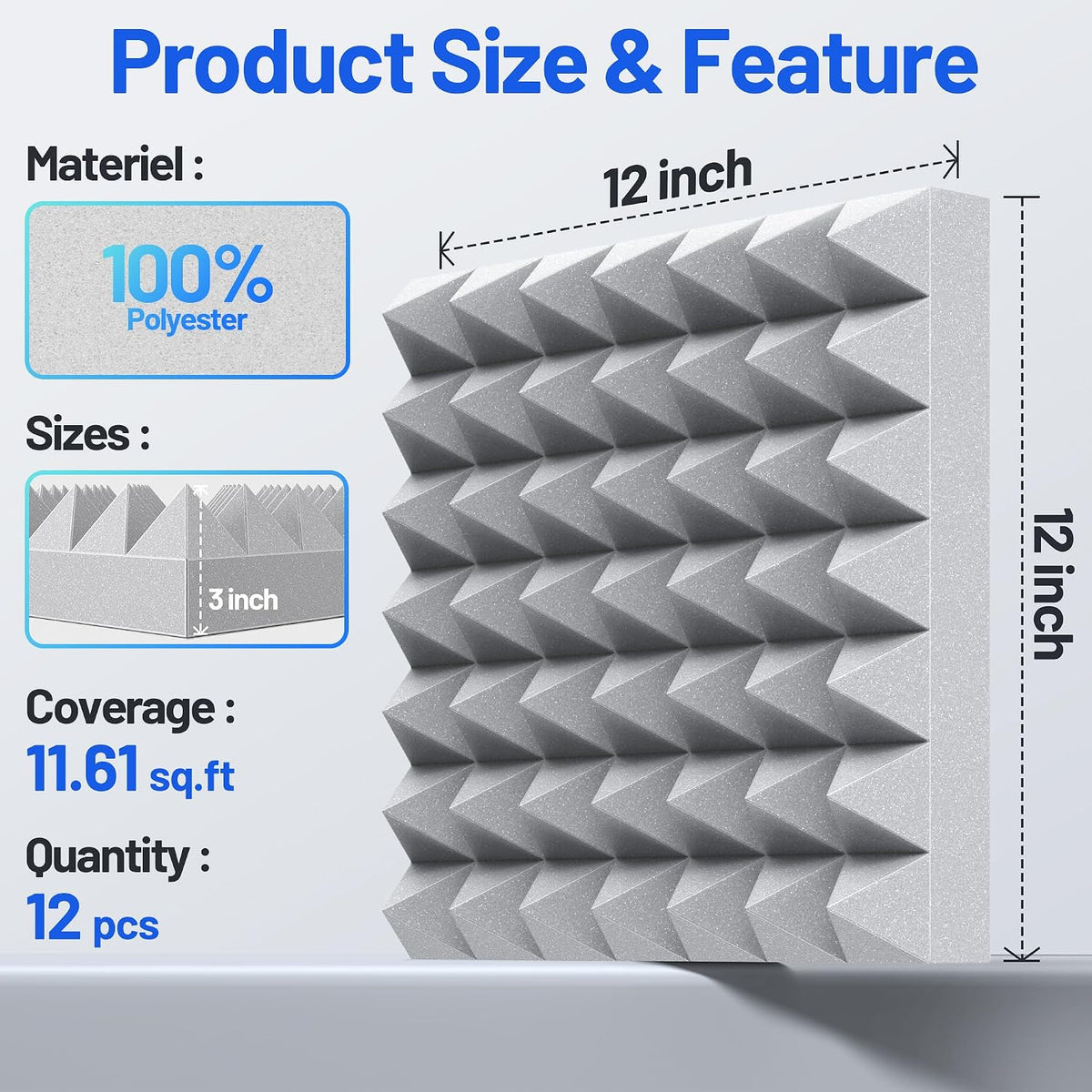 12 Pack Sound Proof Foam Panels for Walls with Self-Adhesive & High Density