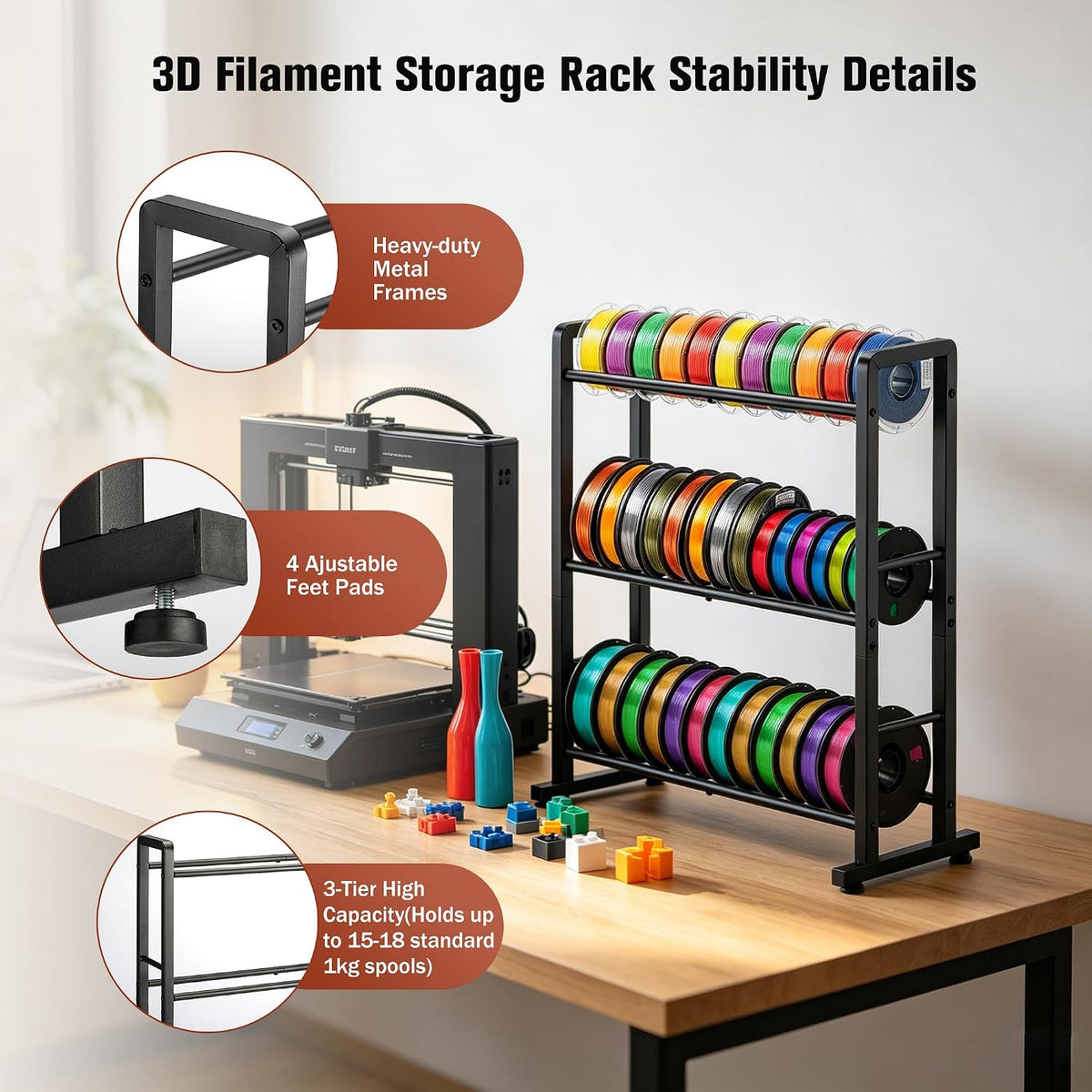 facka 3D Printer Filament Storage Rack, 3-Tier Metal Filament Spool Holder