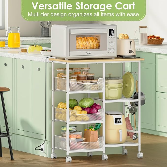 Rolling Kitchen Storage Microwave Cart & Kitchen Island on Wheels, Adjust...